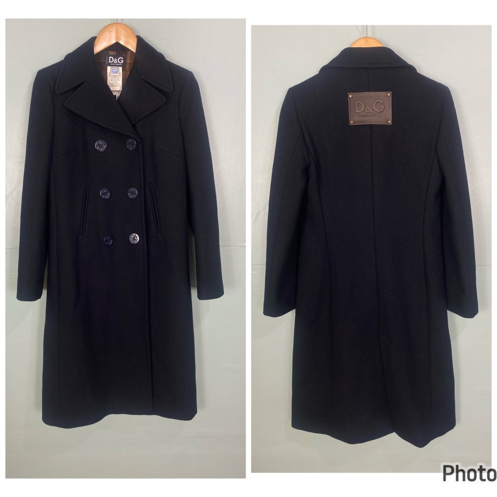 Dolce & Gabbana Wool Pea Coat Black Leather Back Patch XS